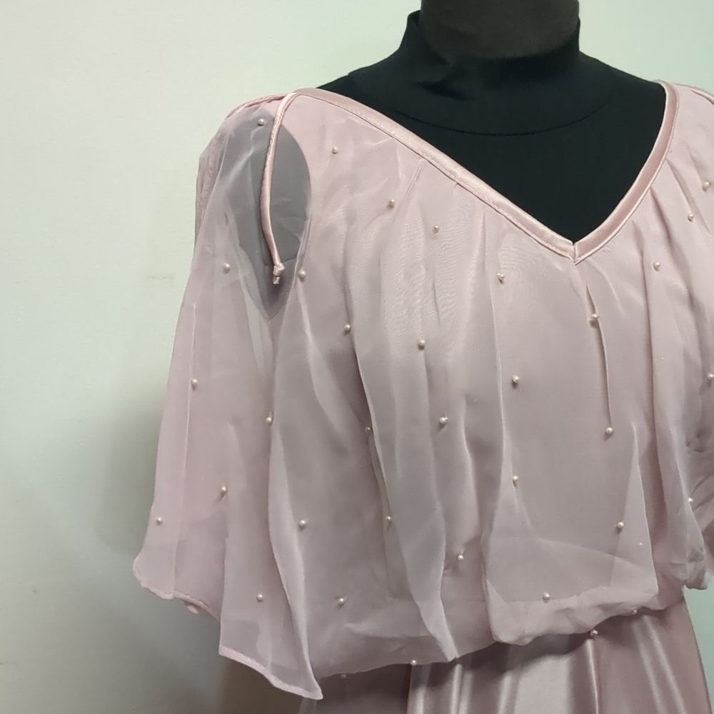 Vintage 70s Pink Pearl Shawl Collar Maxi Gown, Size S - Picture 9 of 16